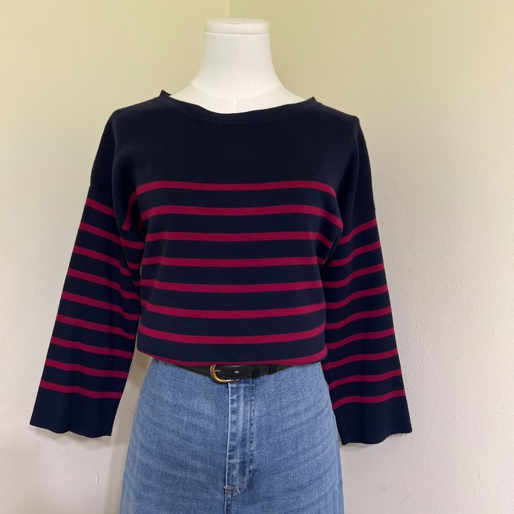 LOFT Navy Magenta Striped Split Back 100% Cotton Sweater Womens Boat Neck M